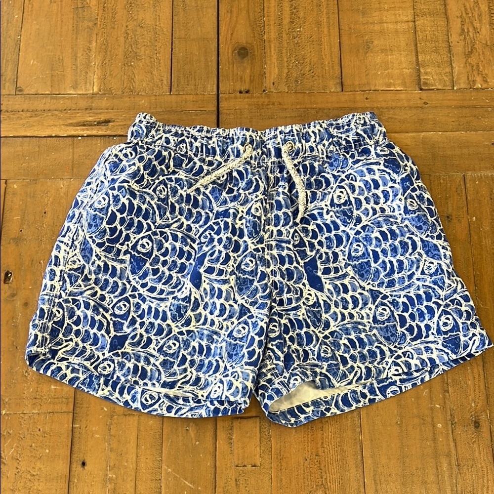 Michaels Blue and White abstract fish patterned swim trunks bathing suit